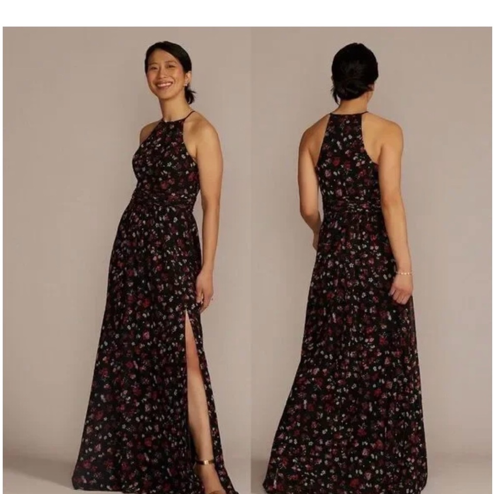Chic Floral High Neck Gown - Black